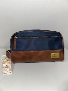 Tommy Bahama Navy Brown Gold Tone Leather Trim Toiletry Bag Dopp Kit